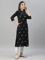 Juniper Black Rayon Festive Printed A-Line Kurta For Women | Grocsy
