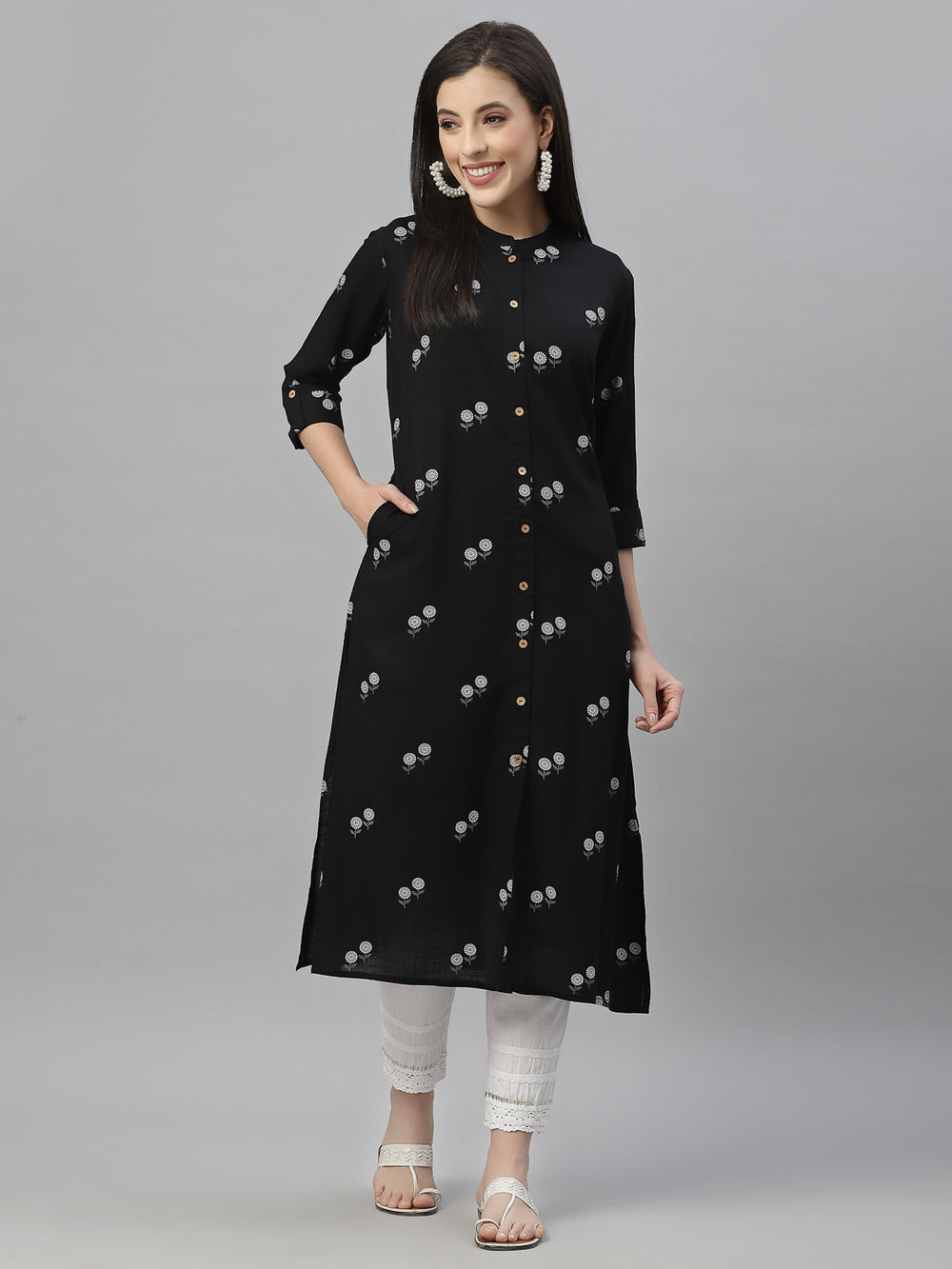 Juniper Black Rayon Festive Printed A-Line Kurta For Women | Grocsy