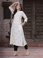 Juniper Women's Off - White Rayon Printed A-Line Kurta | Grocsy
