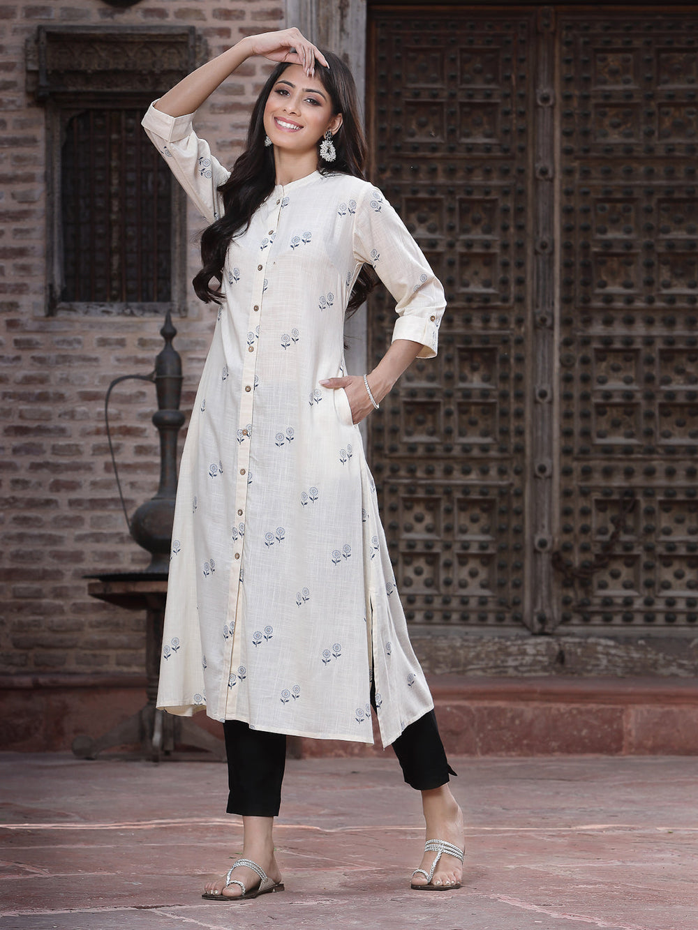 Juniper Women's Off - White Rayon Printed A-Line Kurta | Grocsy