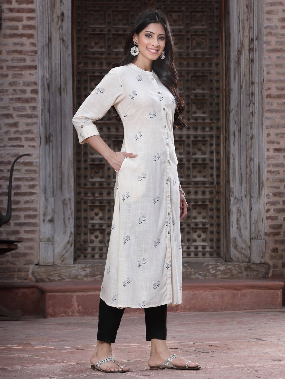 Juniper Women's Off - White Rayon Printed A-Line Kurta | Grocsy
