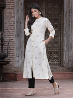 Juniper Women's Off - White Rayon Printed A-Line Kurta | Grocsy
