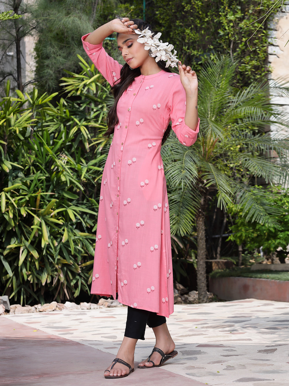 Juniper Women's Pink Rayon Printed A-Line Kurta | Grocsy