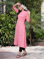 Juniper Women's Pink Rayon Printed A-Line Kurta | Grocsy