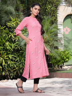 Juniper Women's Pink Rayon Printed A-Line Kurta | Grocsy