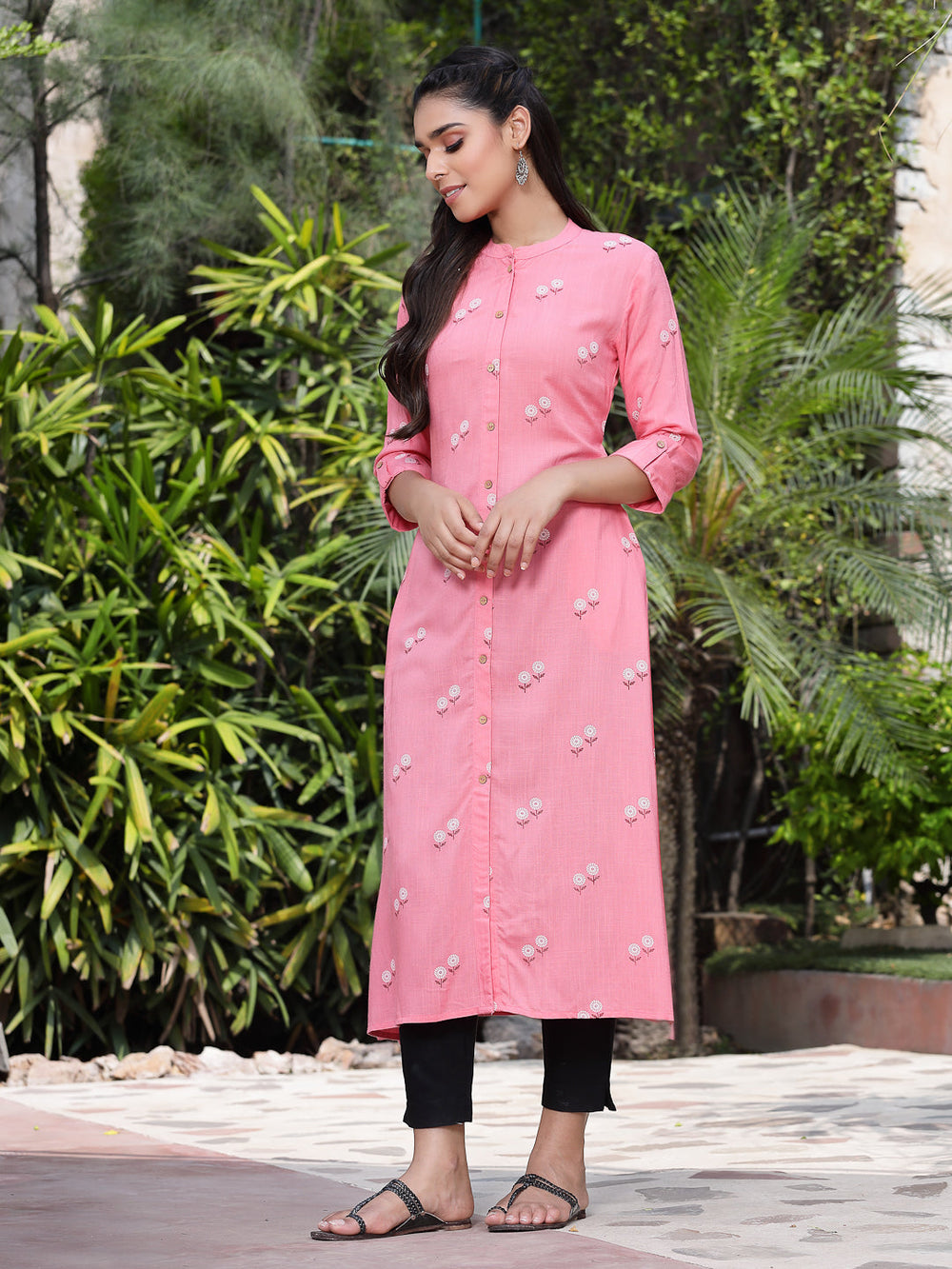 Juniper Women's Pink Rayon Printed A-Line Kurta | Grocsy