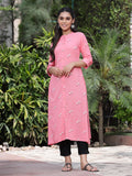 Juniper Women's Pink Rayon Printed A-Line Kurta | Grocsy