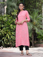 Juniper Women's Pink Rayon Printed A-Line Kurta | Grocsy
