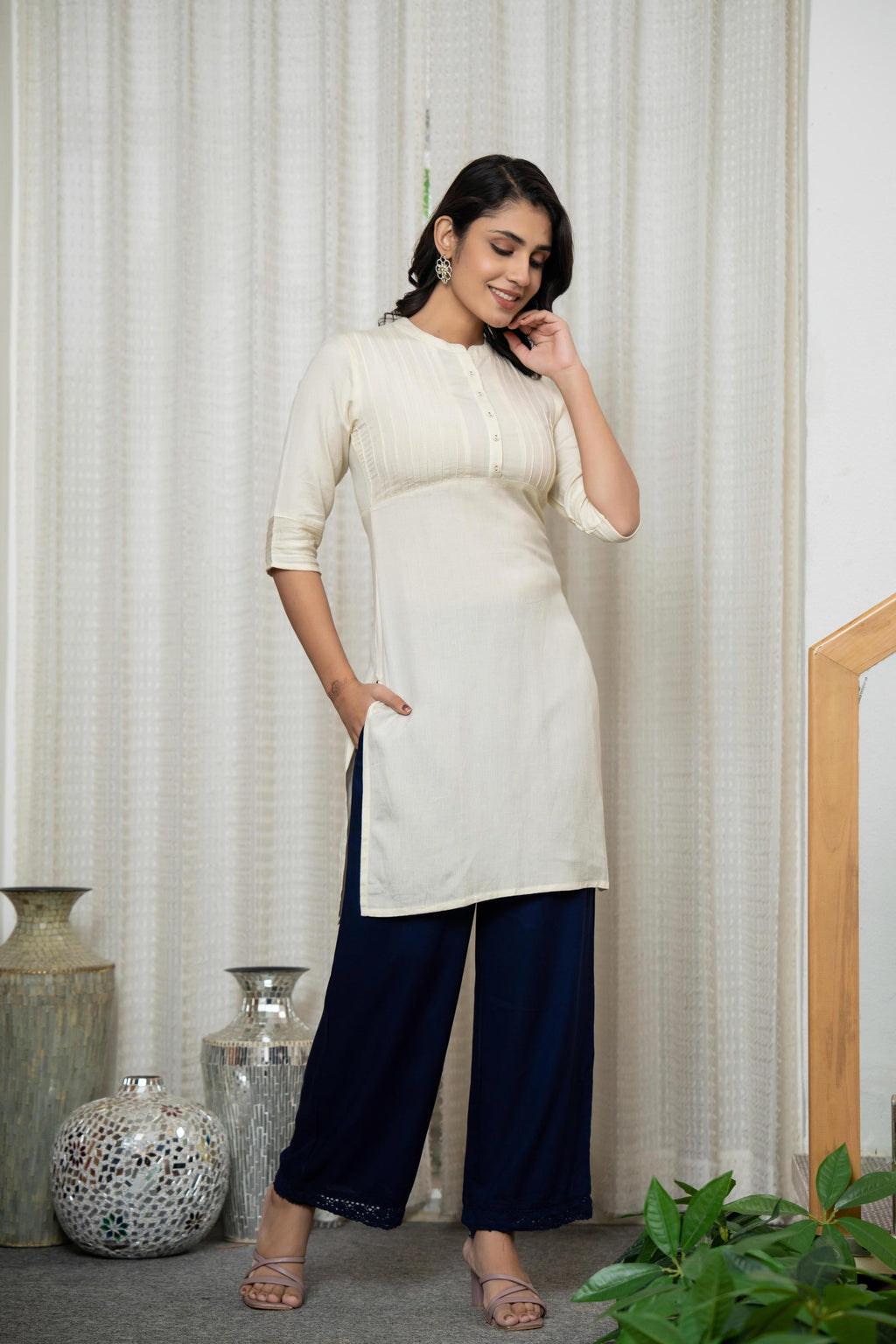 Juniper Rayon Knee-Length Straight Fit Kurta with Mandarin Collar | Grocsy