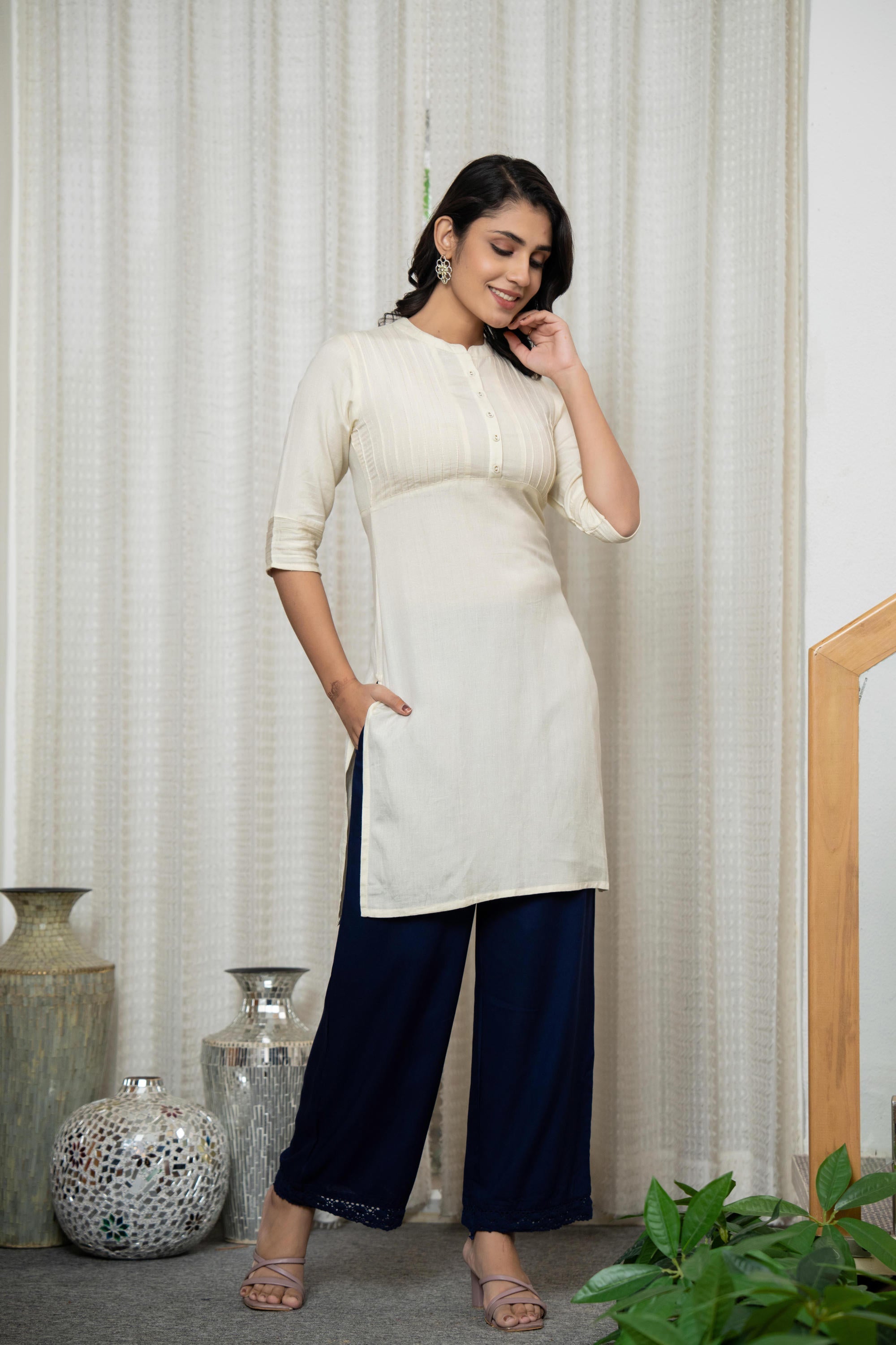 Juniper Rayon Knee-Length Straight Fit Kurta with Mandarin Collar | Grocsy
