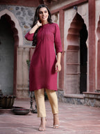 Juniper Women's Wine Rayon Solid Straight Kurta | Grocsy