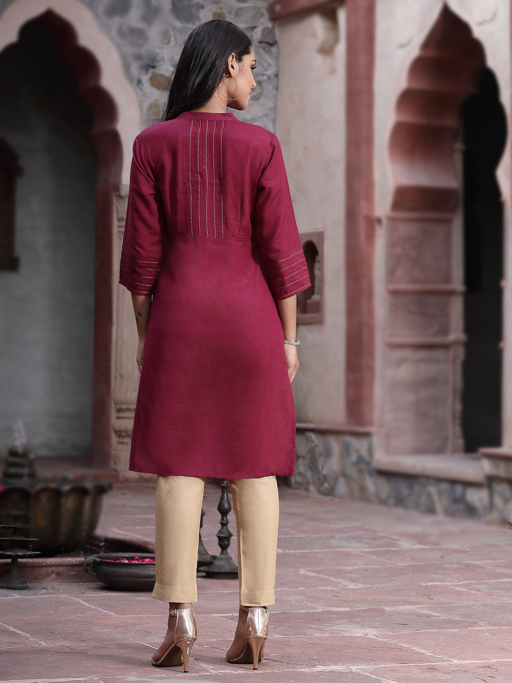 Juniper Women's Wine Rayon Solid Straight Kurta | Grocsy