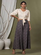 Juniper Grey Ethnic Motif Printed Rayon Flared & Kalidar Palazzo | Grocsy