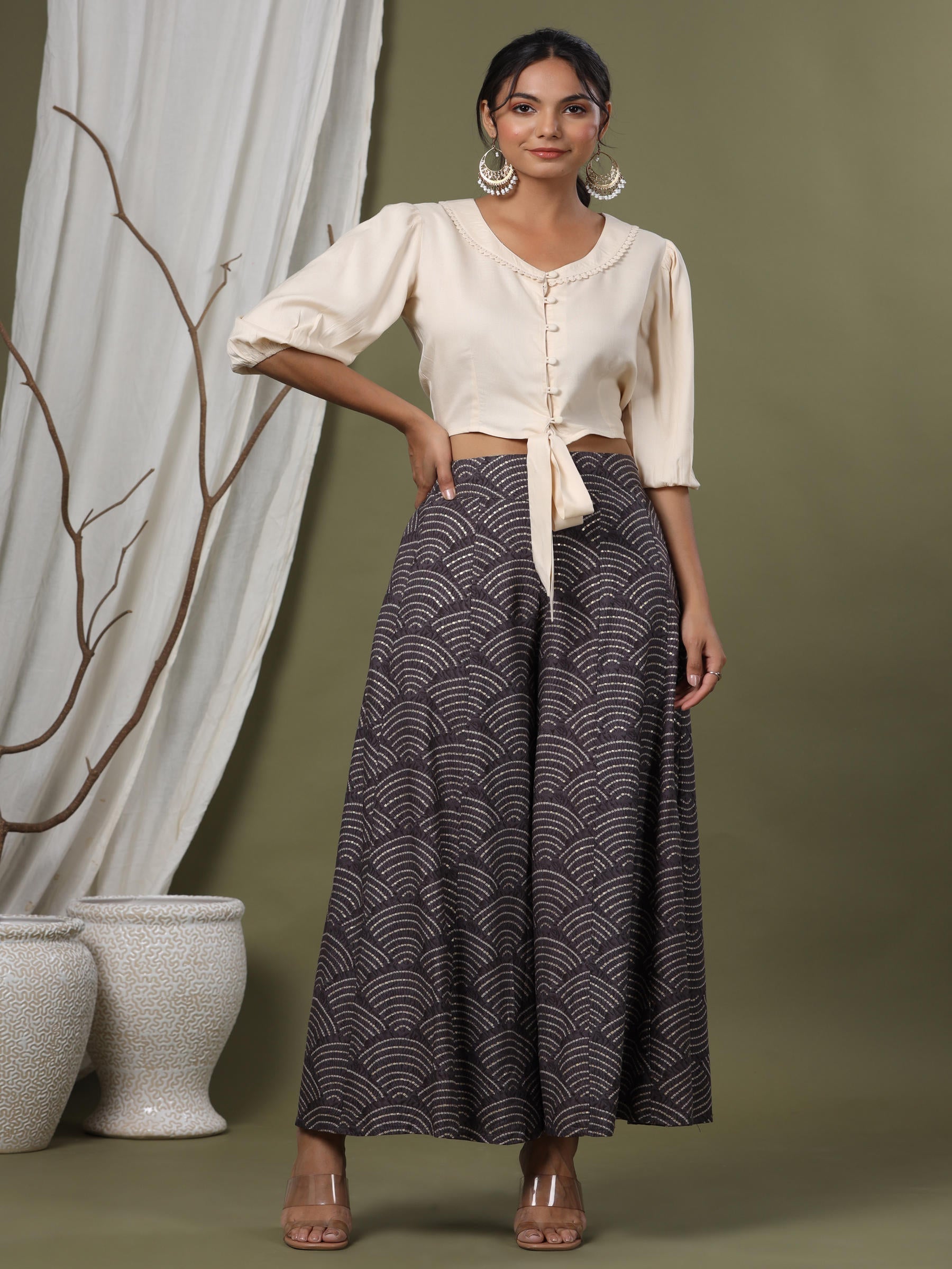 Juniper Grey Ethnic Motif Printed Rayon Flared & Kalidar Palazzo | Grocsy