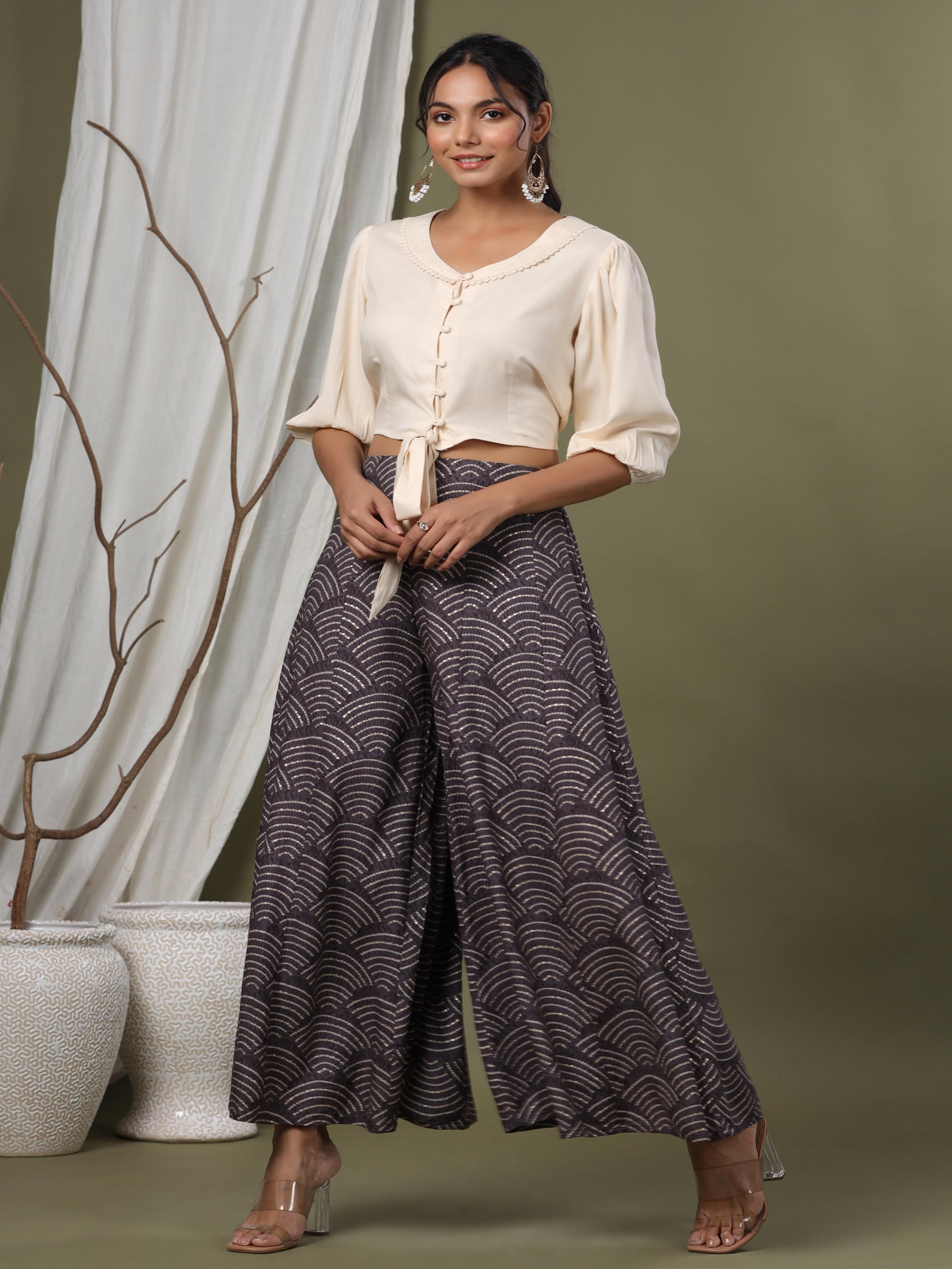 Juniper Grey Ethnic Motif Printed Rayon Flared & Kalidar Palazzo | Grocsy