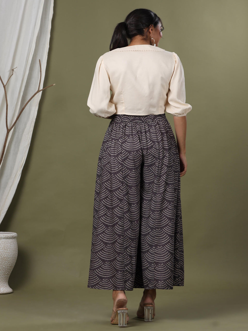 Juniper Grey Ethnic Motif Printed Rayon Flared & Kalidar Palazzo | Grocsy