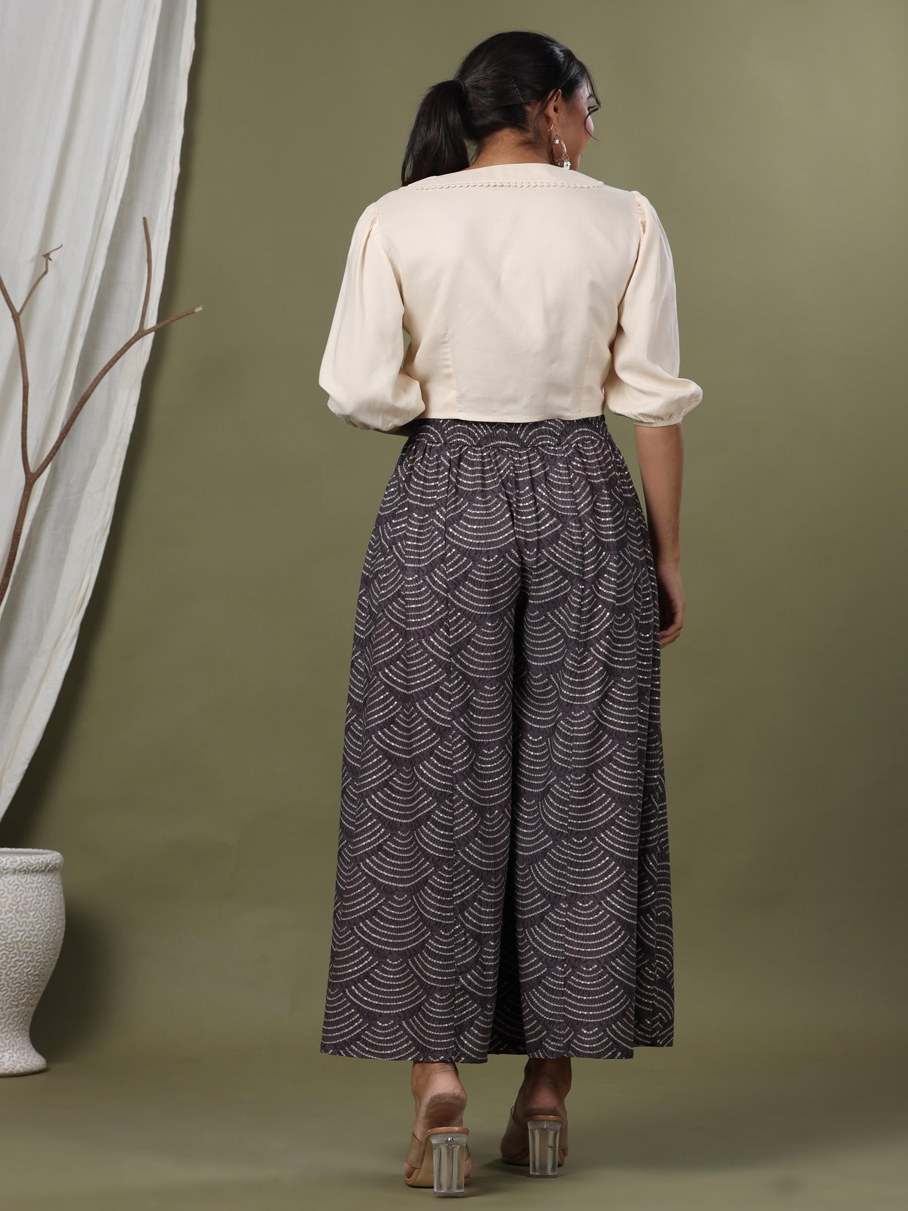 Juniper Grey Ethnic Motif Printed Rayon Flared & Kalidar Palazzo | Grocsy
