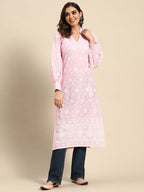 Sangria Floral Embroidered Puff Sleeves Cotton Kurta | Grocsy