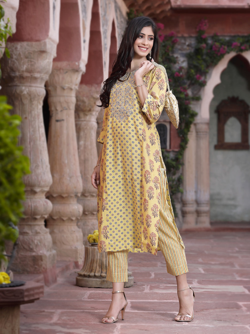 Juniper Women's Mustard Muslin Embroidered Straight Kurta Sets | Grocsy