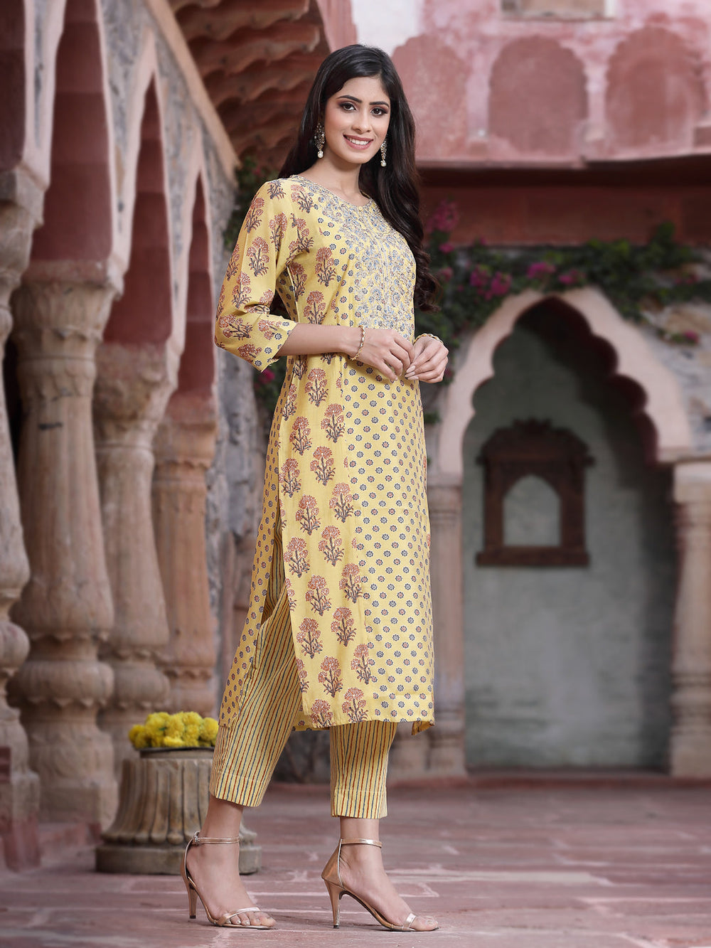 Juniper Women's Mustard Muslin Embroidered Straight Kurta Sets | Grocsy