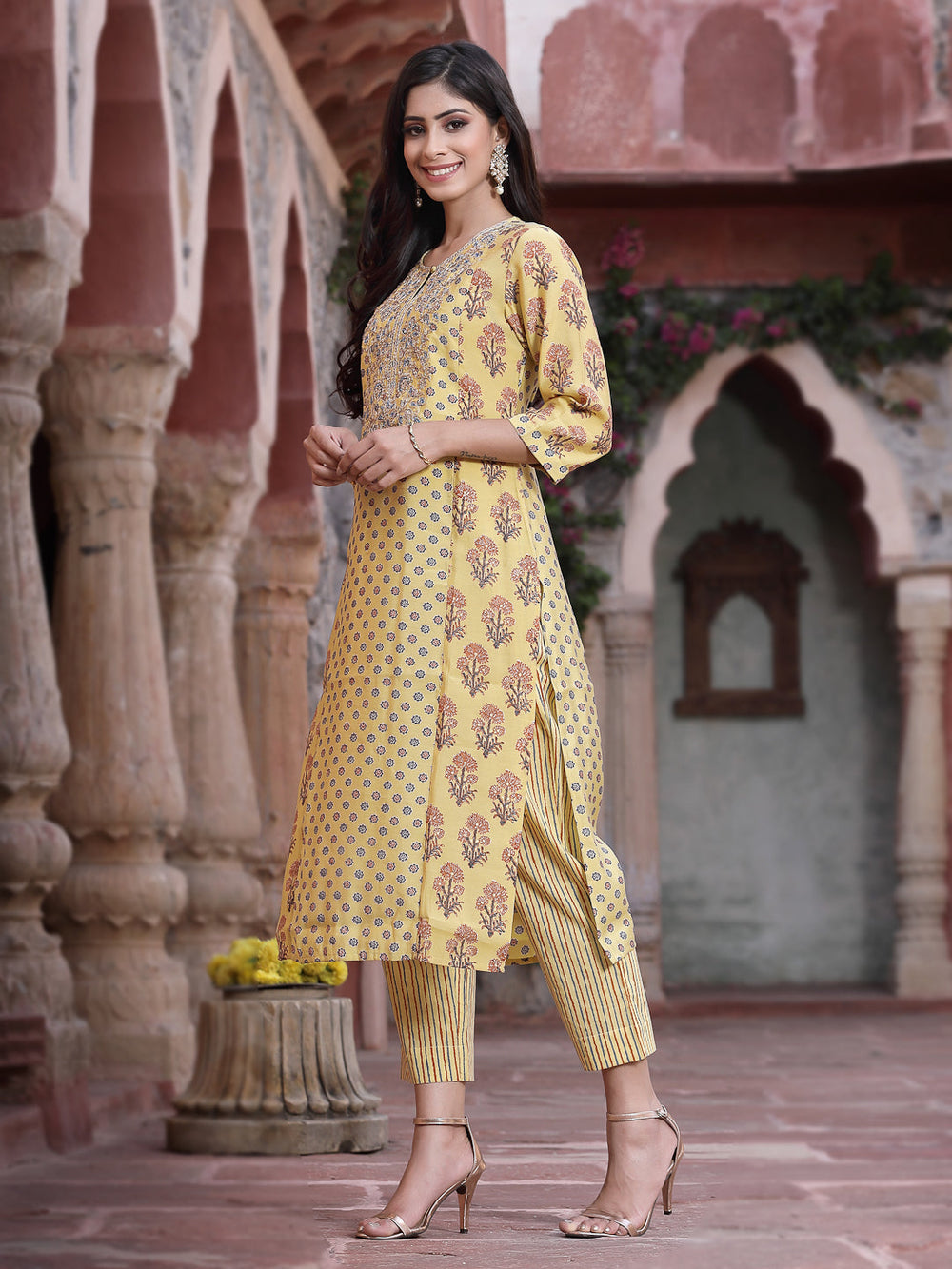 Juniper Women's Mustard Muslin Embroidered Straight Kurta Sets | Grocsy
