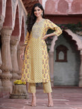 Juniper Women's Mustard Muslin Embroidered Straight Kurta Sets | Grocsy