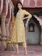 Juniper Women's Mustard Muslin Embroidered Straight Kurta Sets | Grocsy