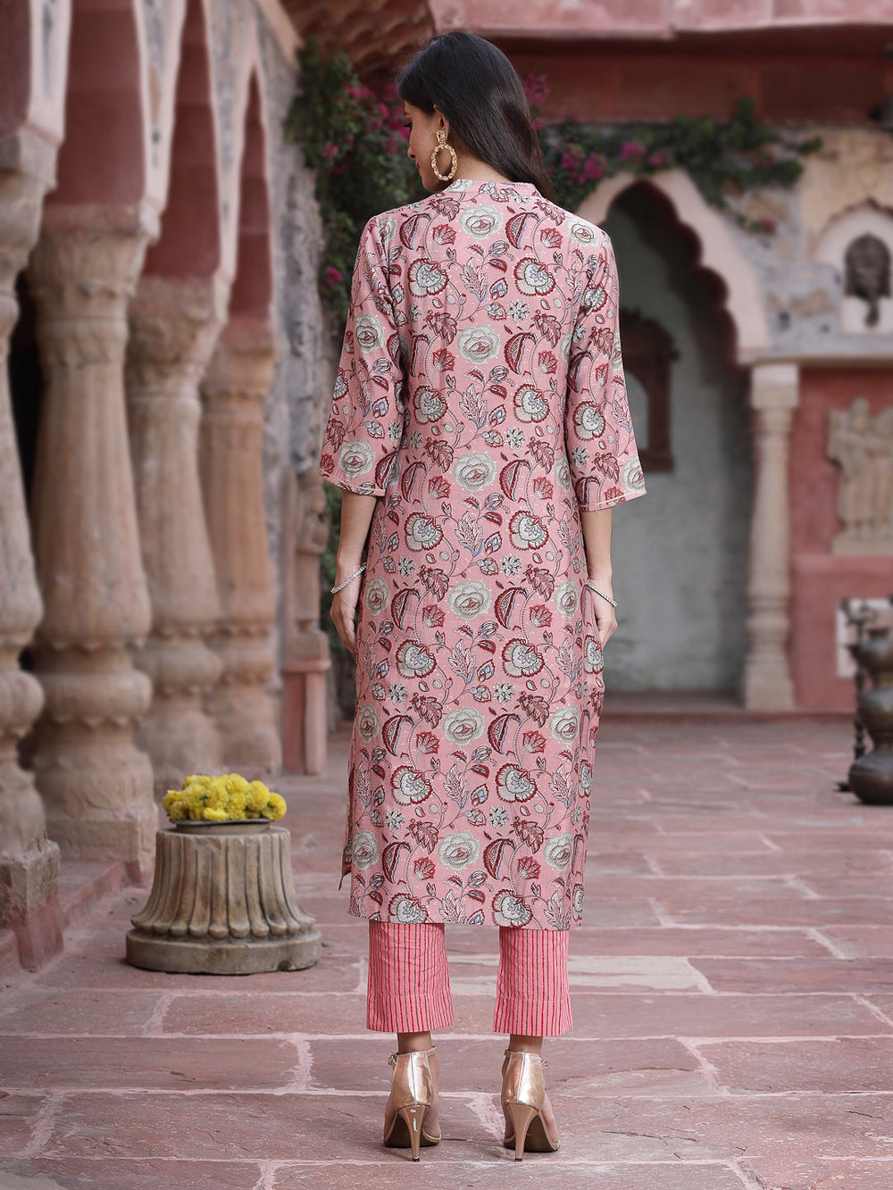 Juniper Women's Onion Pink Muslin Gold Foil Printed Straight Kurta Sets | Grocsy