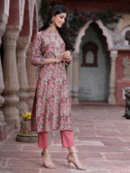 Juniper Women's Onion Pink Muslin Gold Foil Printed Straight Kurta Sets | Grocsy