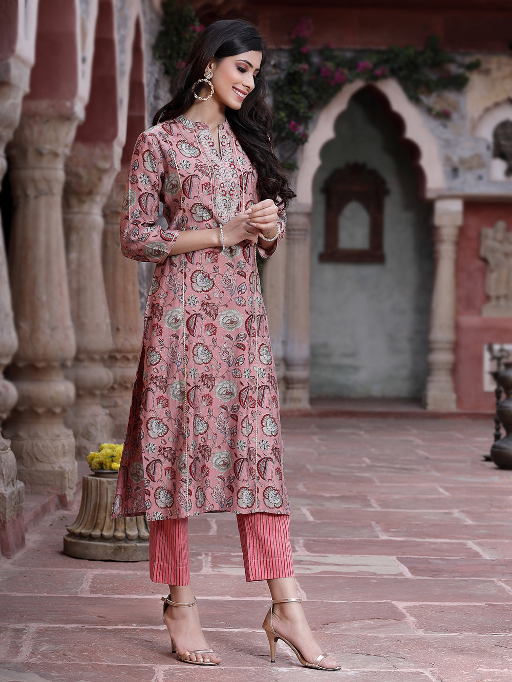 Juniper Women's Onion Pink Muslin Gold Foil Printed Straight Kurta Sets | Grocsy