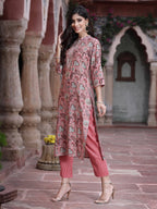 Juniper Women's Onion Pink Muslin Gold Foil Printed Straight Kurta Sets | Grocsy