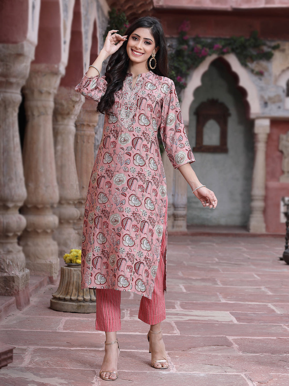 Juniper Women's Onion Pink Muslin Gold Foil Printed Straight Kurta Sets | Grocsy