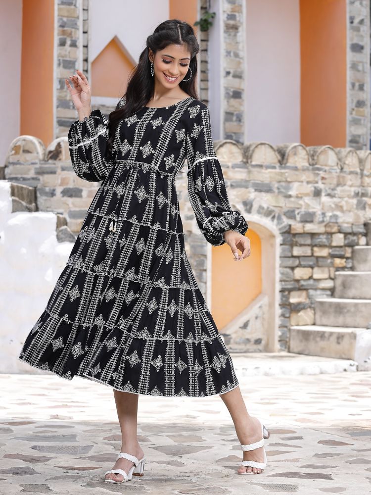 Juniper Women's Black Rayon Printed Tiered Dress | Grocsy