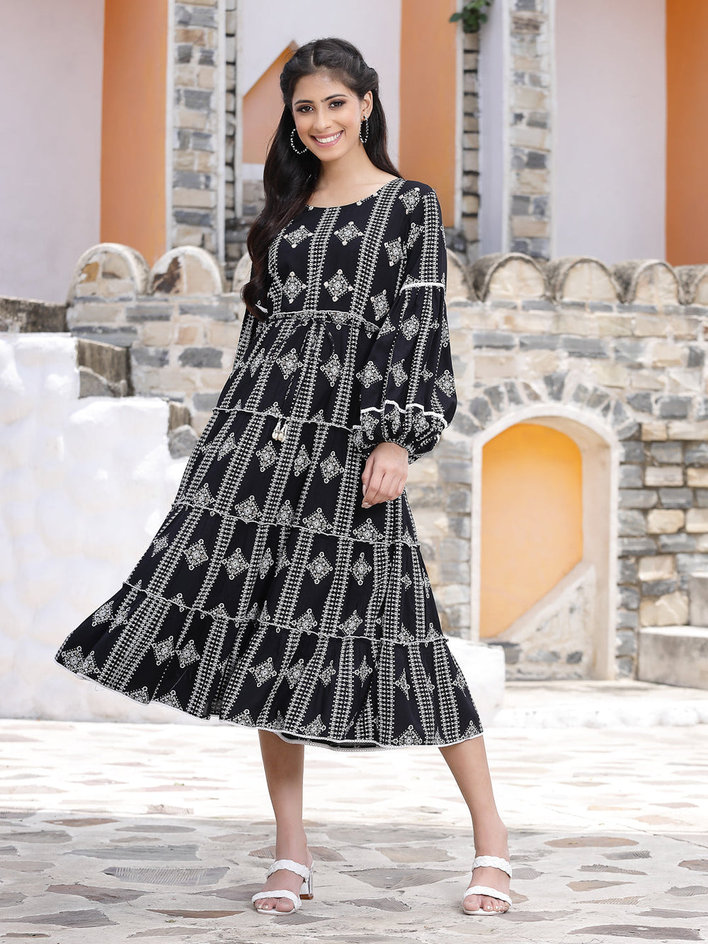 Juniper Women's Black Rayon Printed Tiered Dress | Grocsy