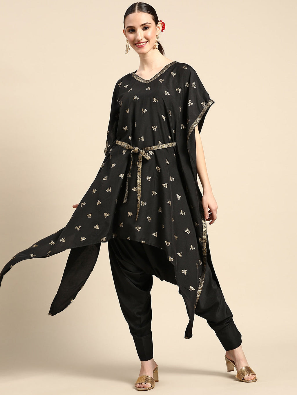 Sangria Women Black & Golden Ethnic Motifs Printed Kurta with Harem Pants | Grocsy