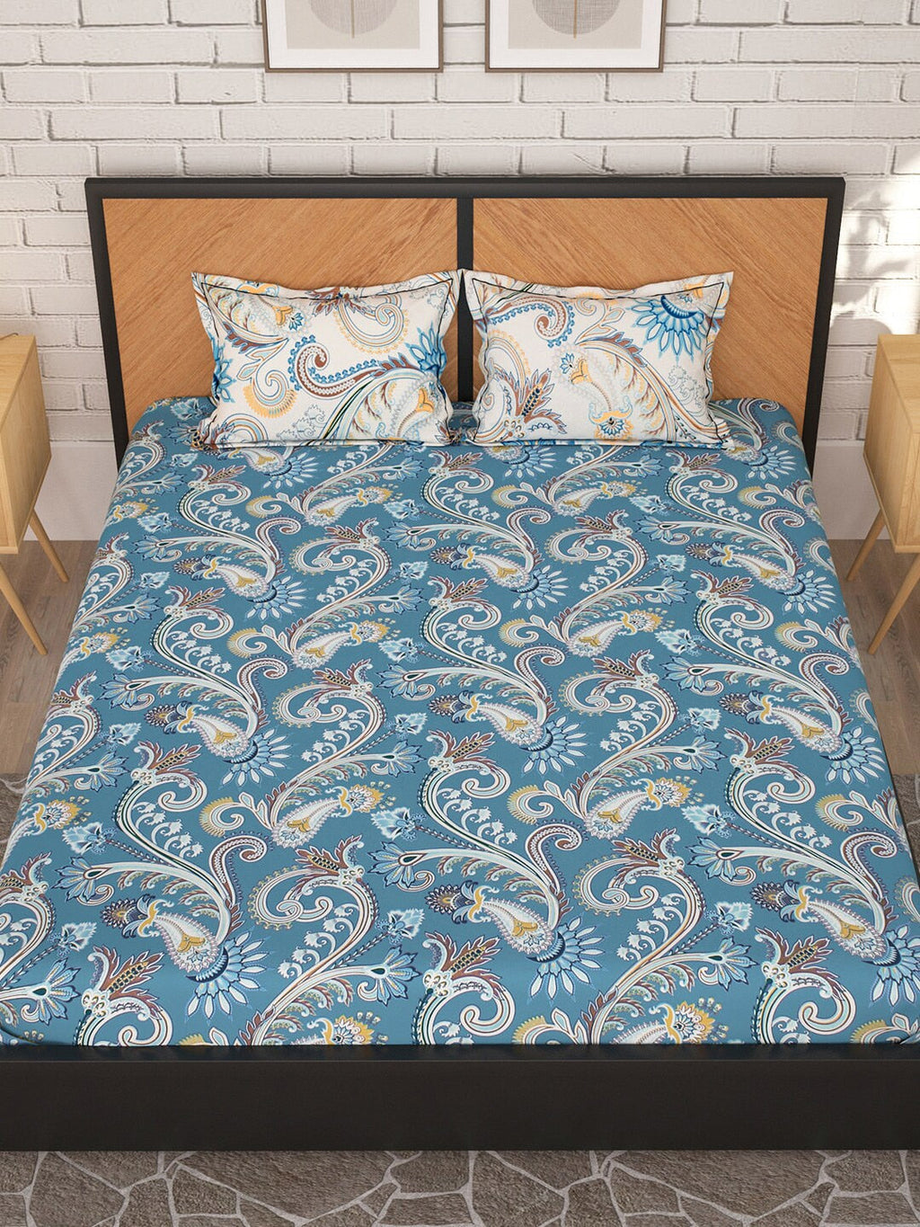 Story@home Blue & Cream-Coloured Ethnic Motifs 180 TC Queen Bedsheet With 2 Pillow Covers | Grocsy