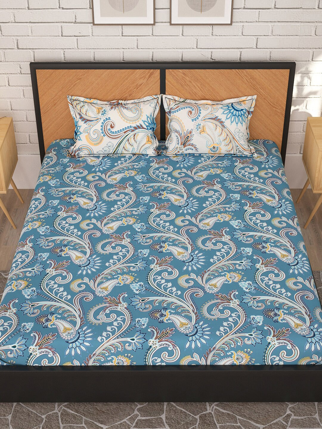 Story@home Blue & Cream-Coloured Ethnic Motifs 180 TC Queen Bedsheet With 2 Pillow Covers | Grocsy