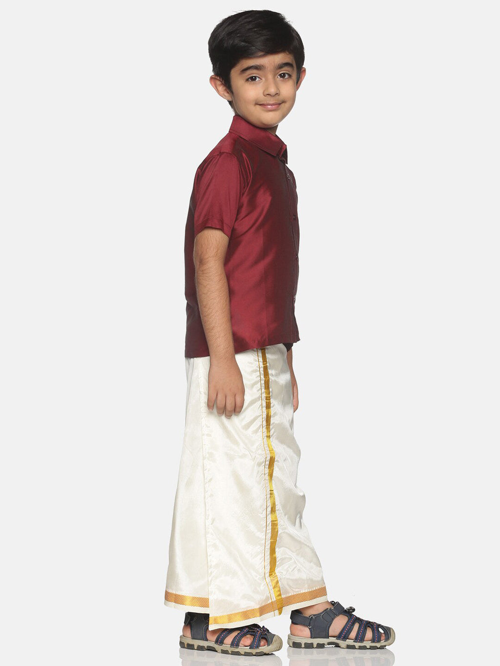 Sethukrishna Boys Maroon & White Solid Shirt and Veshti Set | Grocsy