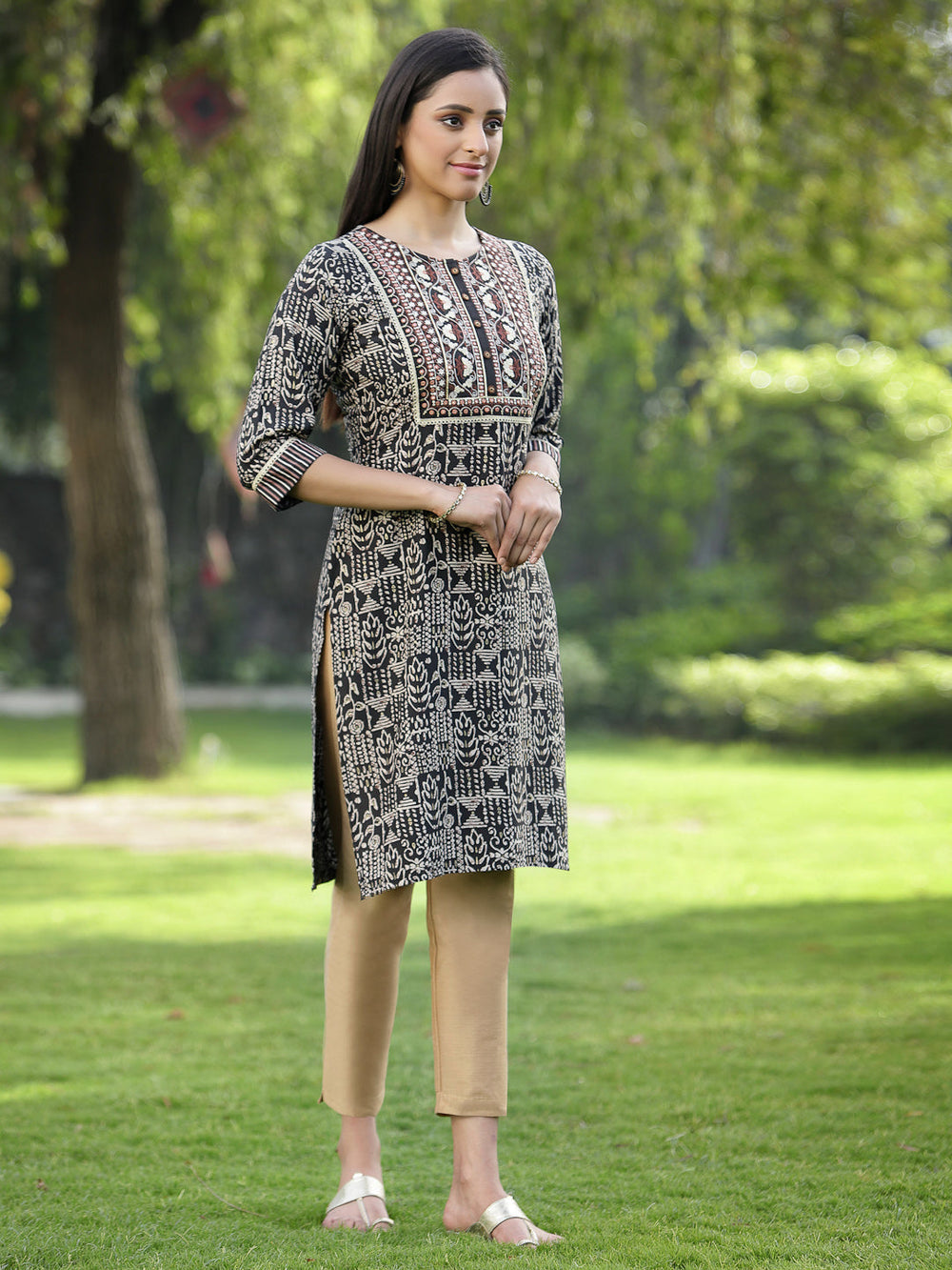 Juniper Black Rayon Festive Embroidered Printed Straight Tunic For Women | Grocsy