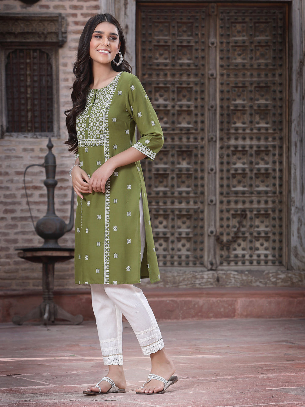 Juniper Women's Green Rayon Placement Print Straight Kurta | Grocsy