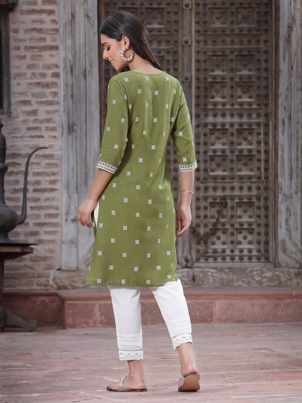 Juniper Women's Green Rayon Placement Print Straight Kurta | Grocsy
