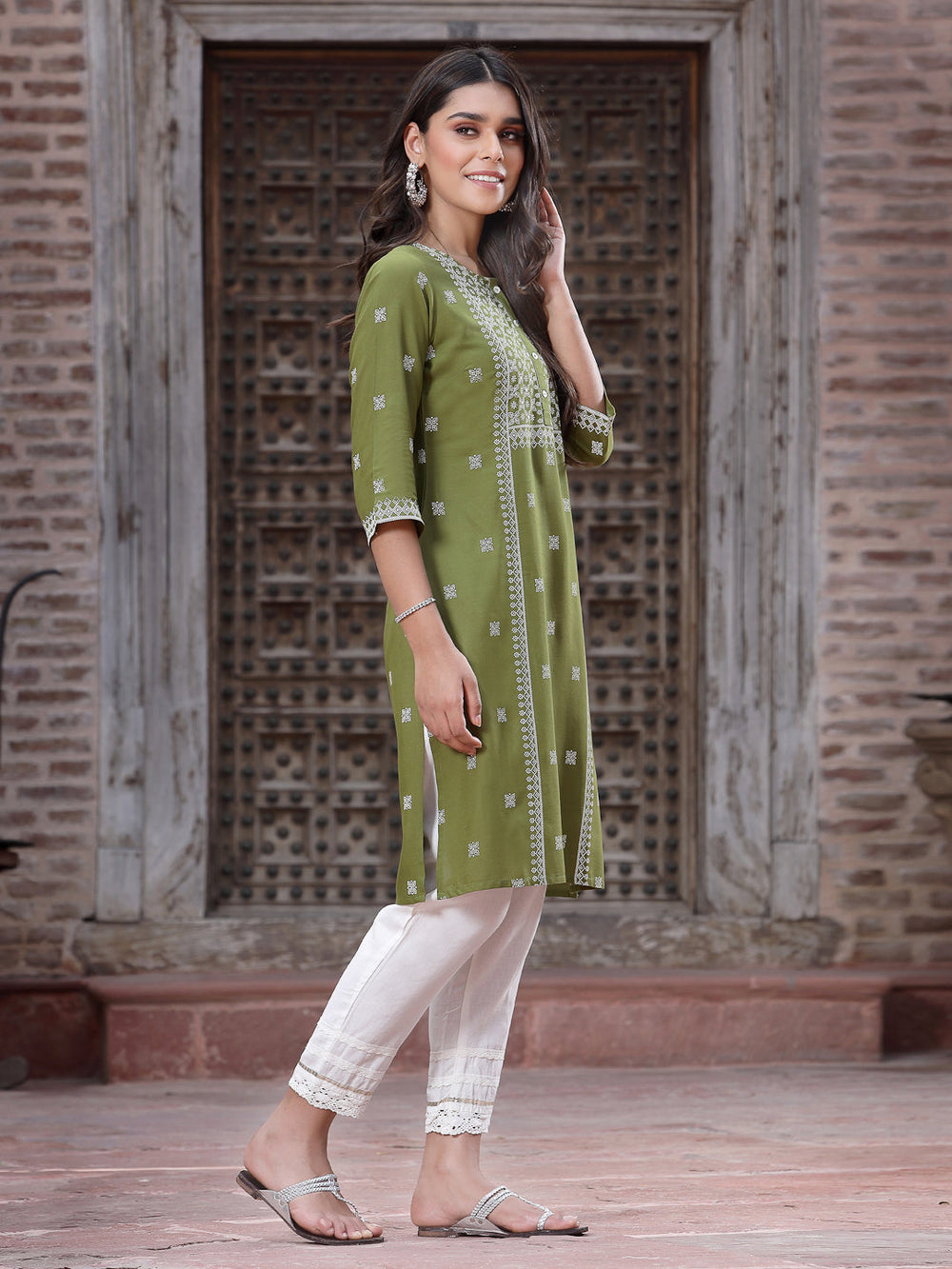 Juniper Women's Green Rayon Placement Print Straight Kurta | Grocsy