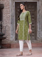 Juniper Women's Green Rayon Placement Print Straight Kurta | Grocsy