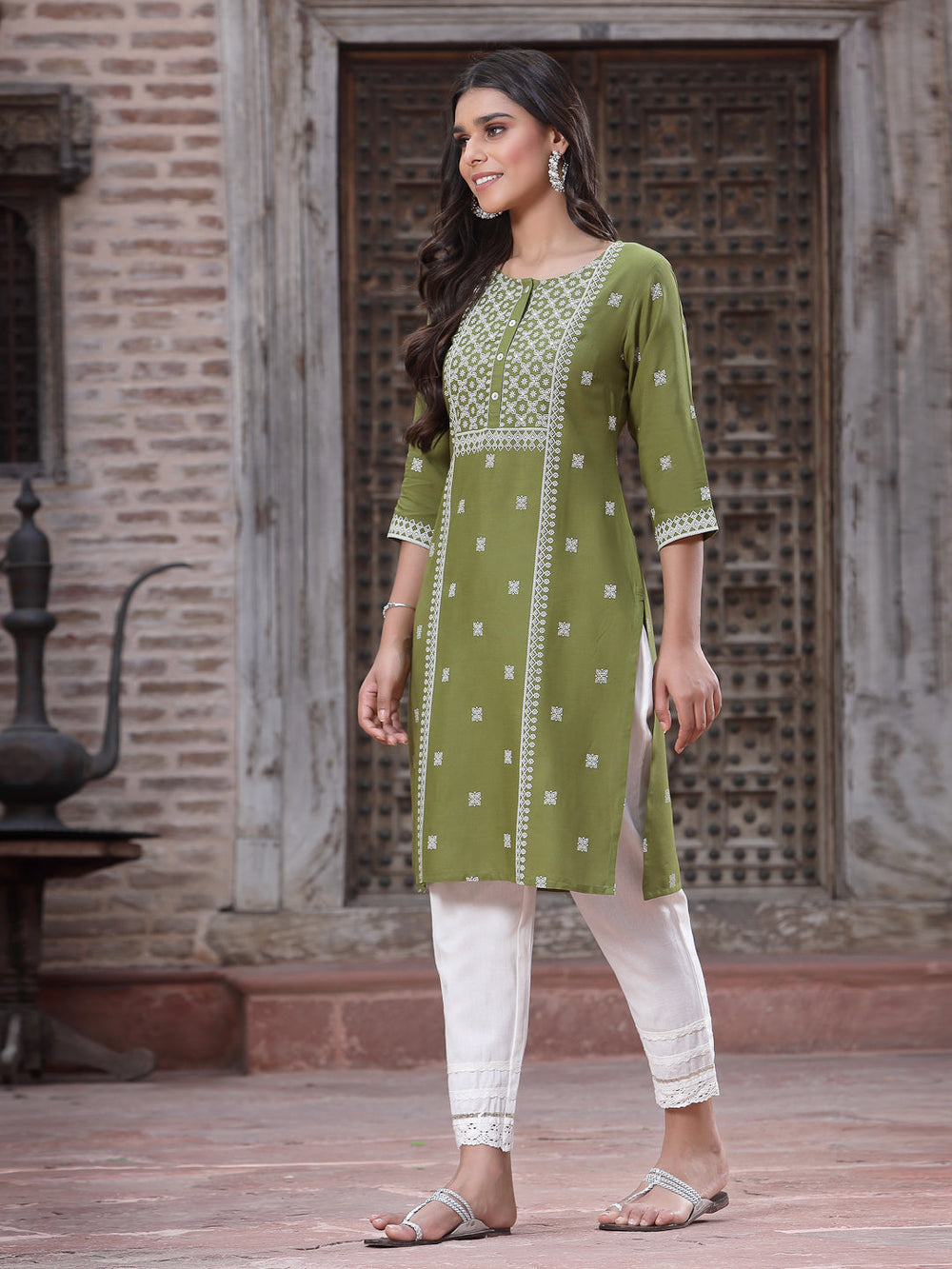 Juniper Women's Green Rayon Placement Print Straight Kurta | Grocsy