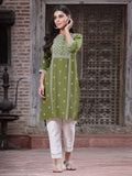 Juniper Women's Green Rayon Placement Print Straight Kurta | Grocsy