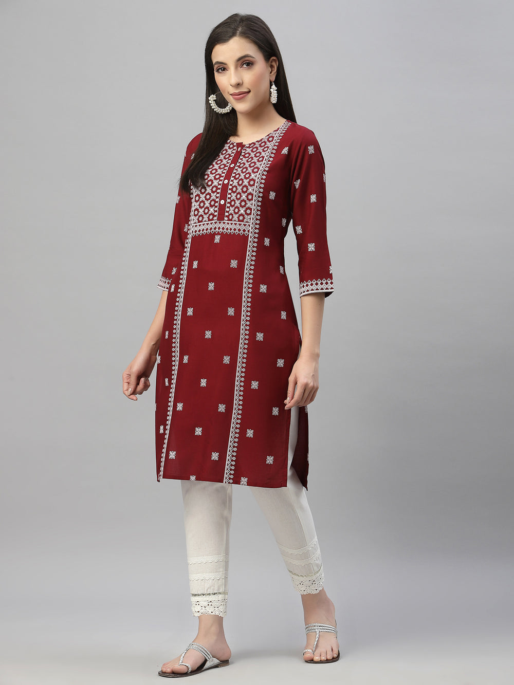 Juniper Maroon Rayon Festive Placement Print Straight Kurta For Women | Grocsy
