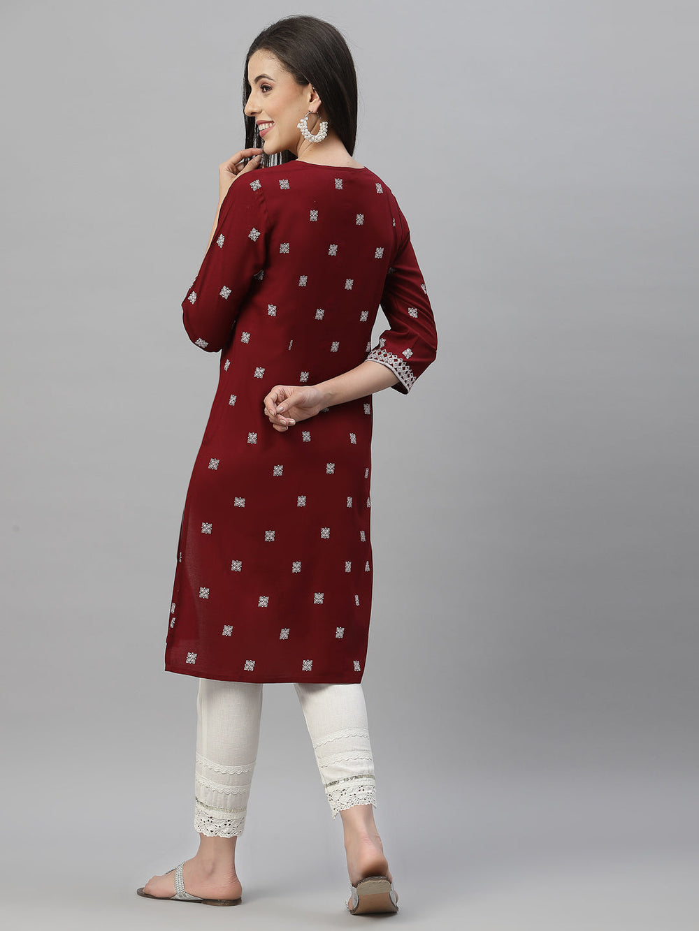 Juniper Maroon Rayon Festive Placement Print Straight Kurta For Women | Grocsy