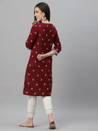 Juniper Maroon Rayon Festive Placement Print Straight Kurta For Women | Grocsy