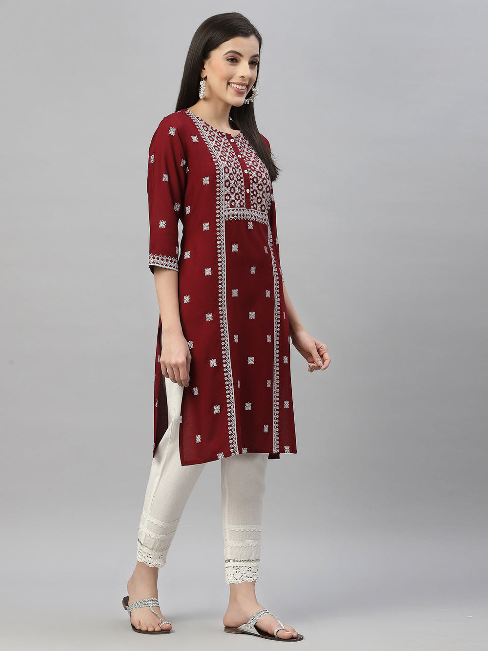 Juniper Maroon Rayon Festive Placement Print Straight Kurta For Women | Grocsy