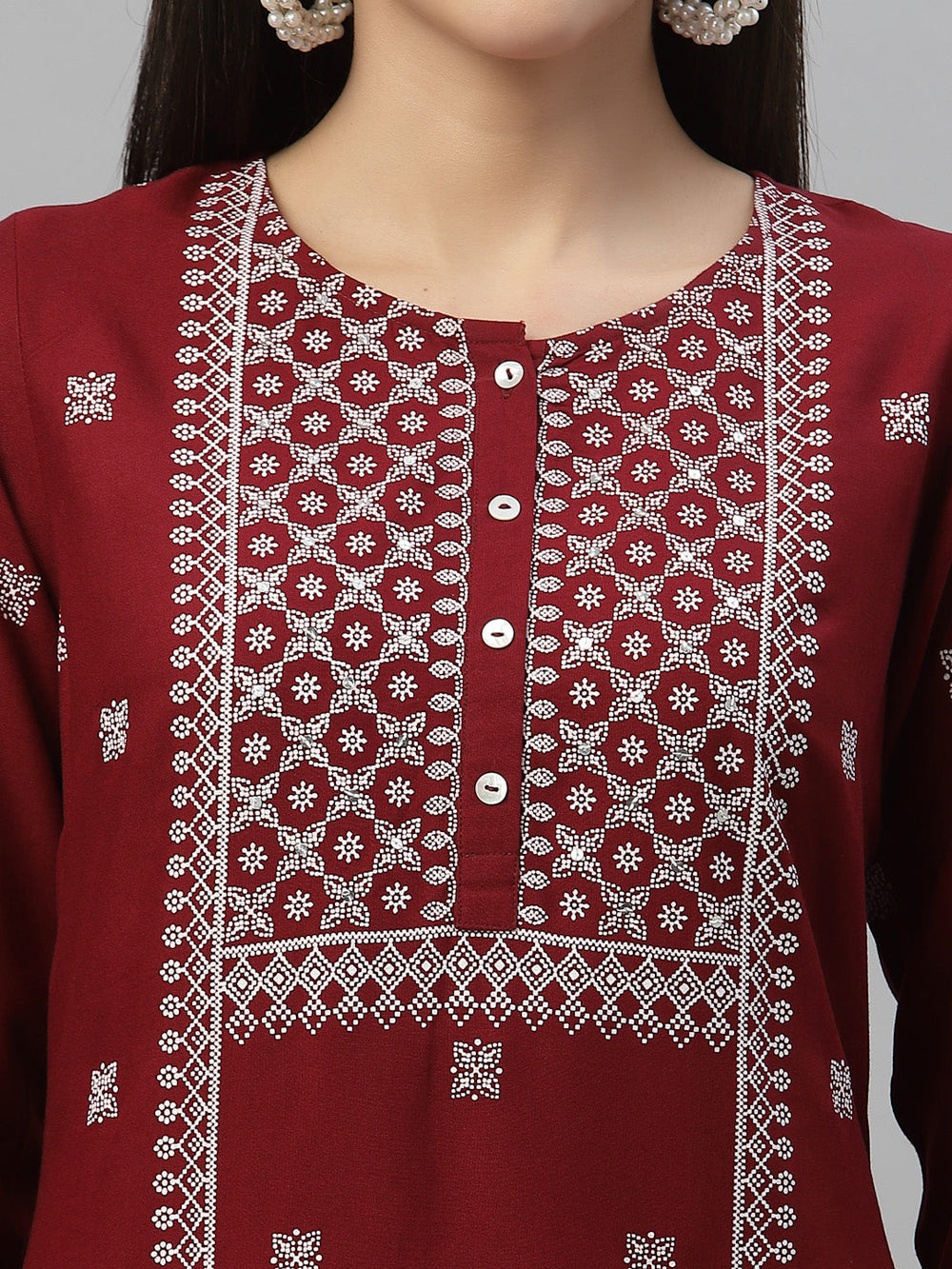 Juniper Maroon Rayon Festive Placement Print Straight Kurta For Women | Grocsy
